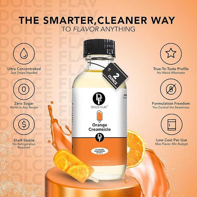 Dolce Flav Orange Creamsicle Extract - 2 Ounce Oil-Soluble Kosher, Sugar-Free, Concentrated Orange Creamsicle Flavor for Candy, Chocolates & Desserts, Pack of 2