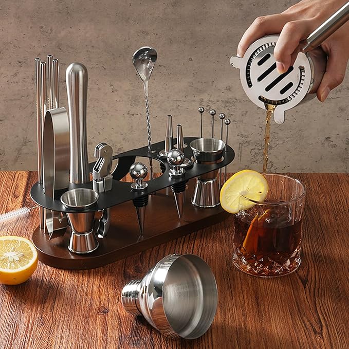23-Piece Bartender Kit, Cocktail Shaker Set with Stand | Bar Drink Mixer Set with All Essential Bar Tools: Martini Shaker, Jigger, Strainer, Pourers, for Home, Bar, Party (Chocolate-y)