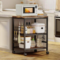 Homeiju 3-Tier Wooden Microwave Cart with Storage, 22.4''W Microwave Stand Coffee Cart Rolling Kitchen Utility Cart with Wheels, 5 Hooks, Rustic Brown and Black