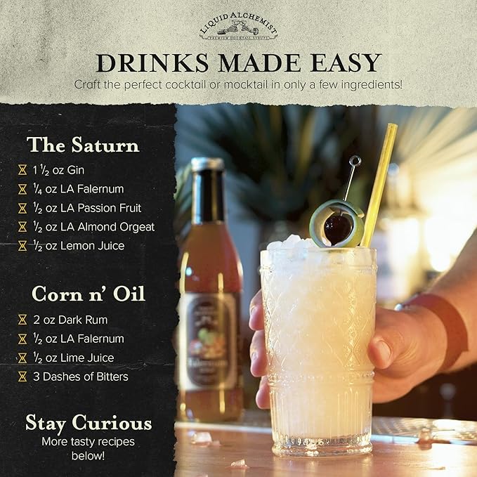 Liquid Alchemist Falernum Syrup for Cocktails - Real Ingredients Make our Falernum Cocktail Syrup a Great Mixer for any Tiki Drink - Our Drink Mixer is Non-GMO Gluten Free & Vegan (12.7 oz)