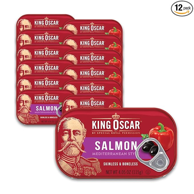 King Oscar Premium Salmon in Olive Oil, Mediterranean Style, 4.05-Ounce Cans (Pack of 12, Packaging May Vary), Skinless & Boneless Salmon