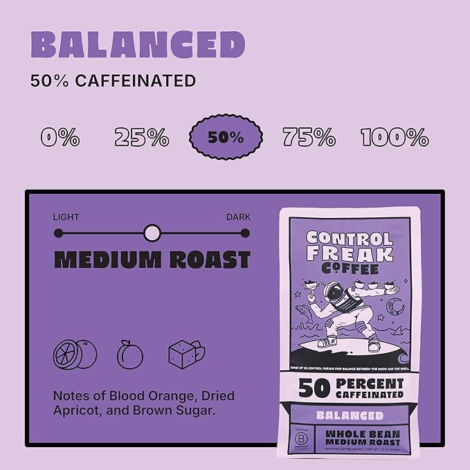 Control Freak Coffee Balanced – 50% Caffeine Whole Bean Coffee (12 Oz) | Half Caff Coffee Blend for Smooth Focus, Full Flavor for Half the Buzz | Sugarcane Decaf, Freshly Roasted Coffee Beans