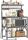 Furologee Kitchen Bakers Rack with Power Outlet,Coffee Stand with Storage 4 Tiers,Coffee Bar Station with a 31.5 Inch Larger Desktop and 8 S Hooks,Kitchen Microwave Rack for Spices,Pots,Black Oak