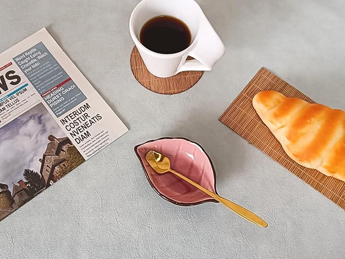Coffee Spoon and Rest for Coffee Bar Accessories, Leaf Small Spoon Rest for Coffee Station, Tea Spoon Rest Tea Spoon Holder Teaspoon Rest, 1 PC (Ice Cracks Pink with Gold Rose Spoon)