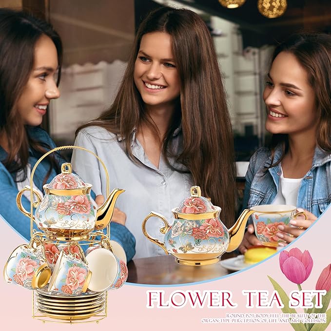 20 Pieces Porcelain Tea Set With Metal Holder, European Ceramic tea set for adults,Flower Tea Set,Tea Set For Women With Flower Painting (VIVID BLUE, Largr Vision)