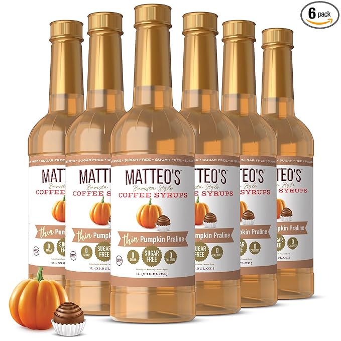 Matteo's Pumpkin Praline Syrup for Coffee, Lattes, Cappuccinos & Desserts – Sugar-Free Sweetener for Beverages, Keto Friendly, Zero Calories, Indulgent Flavor, Non-Alcoholic, 33.8oz (6pk)