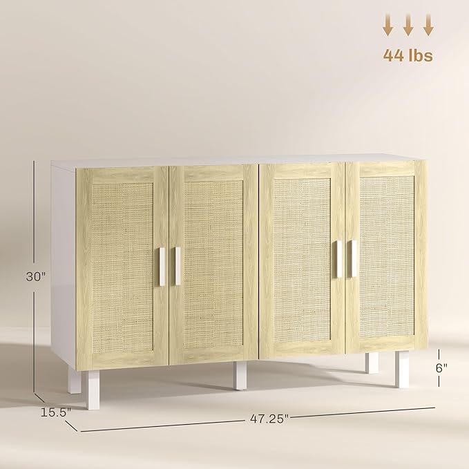 HOMCOM Boho Sideboard Buffet Cabinet, Coffee Bar Cabinet with 4 Rattan Doors and Adjustable Shelves for Kitchen, Living Room, White and Natural