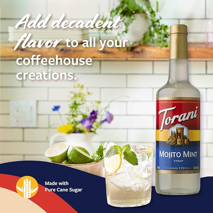 Torani Mojito Mint Syrup for Drinks, Flavoring for Lemonade, Sodas, and Mocktails, Glass Bottle with Pump Included, 25.4 Fl Oz