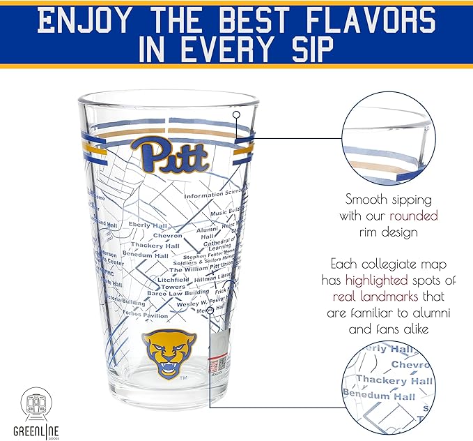 Greenline Goods – University of Pittsburgh Panthers College Pint Beer Glasses (Set of 2), 16 oz – Full-Color Logo + Campus Map