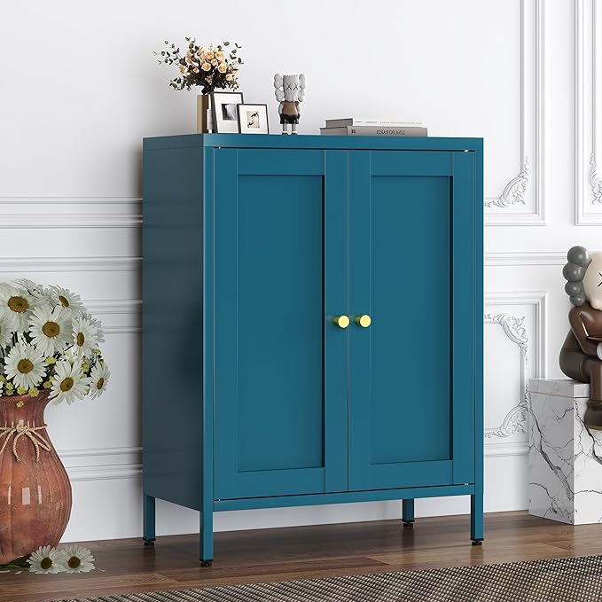 Blue Metal Storage Cabinet with 2 Doors - 31.5''H Bathroom Floor Storage Cabinet, 3 Tier Locker with Adjustable Shelves, Bathroom Cabinet for Office, Home, Living Room, Kitchen