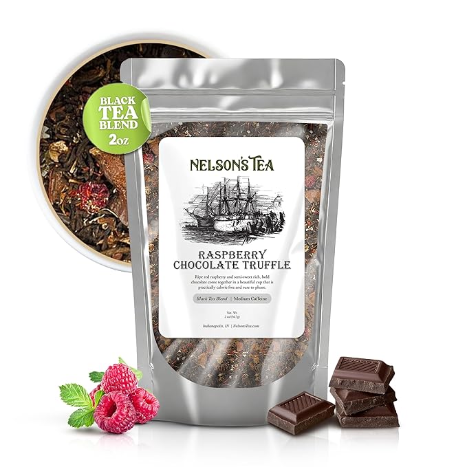 Nelson's Tea Raspberry Chocolate Truffle - Loose Leaf Black Tea with Raspberry Leaf, Rooibos, Truffle Essence, Carob Beans, Hibiscus & Chocolate Chips, Infused with Natural Flavors - 2 oz.