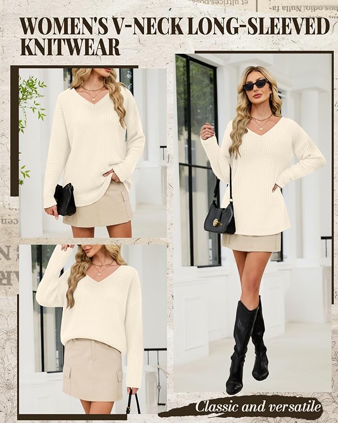 Women's V Neck Sweater Long Sleeve Knit Oversized Shirt Loose Lightweight Fall Casual Pullover Sweater Top