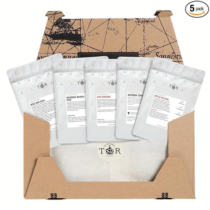 Tea Runners Chai Tea Variety Pack – Apple Pie, Bourbon Barrel, Chai Rooibos, Mumbai, Rise and Chai – Loose Leaf Tea Sampler – Spiced Black & Rooibos Blends – 0.75 oz Each, Pack of 5