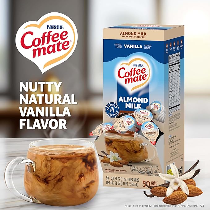 Nestle Coffee mate Coffee Creamer, Almond Milk, Liquid Creamer Singles, Plant-Based, Non Dairy, No Refrigeration, 0.375 fl oz Tubs (Pack of 200)