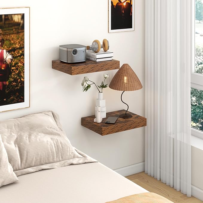 12 Inch Deep Floating Shelves | 16 Inch Brown Floating Shelves Set of 2 | 16W x 12D Rustic Shelves for Wall | Deep Wood Shelves for Living Room Bathroom Kitchen Bedroom