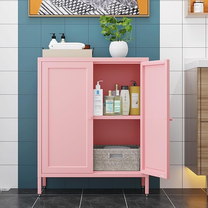 Small 2 Transparent Door Metal Storage Side Buffet Cabinet for Bed Room,Living Room,Entryway,Hallway,Home,Hotel,Office,Garage,Kitchen,1 Removable Shelf. (Square Door, Pink)