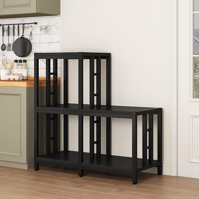 Mini Fridge Stand with Storage, Black Coffee Bar Cabinet with Mini Fridge Space, Microwave Stand and Bakers Rack for Kitchen, Dorm, Office, Home Beverage Station Organizer