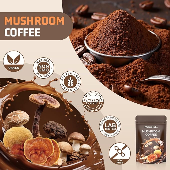 Mushroom Coffee 11 in 1 Mushrooms with Ashwagandha, Lion's Mane, Reishi, Cordyceps, Shiitake, King Oyster & Turkey Tail,Instant Coffee Powder for Boosts, Energy, Focus & Immunity Support(30 Servings)