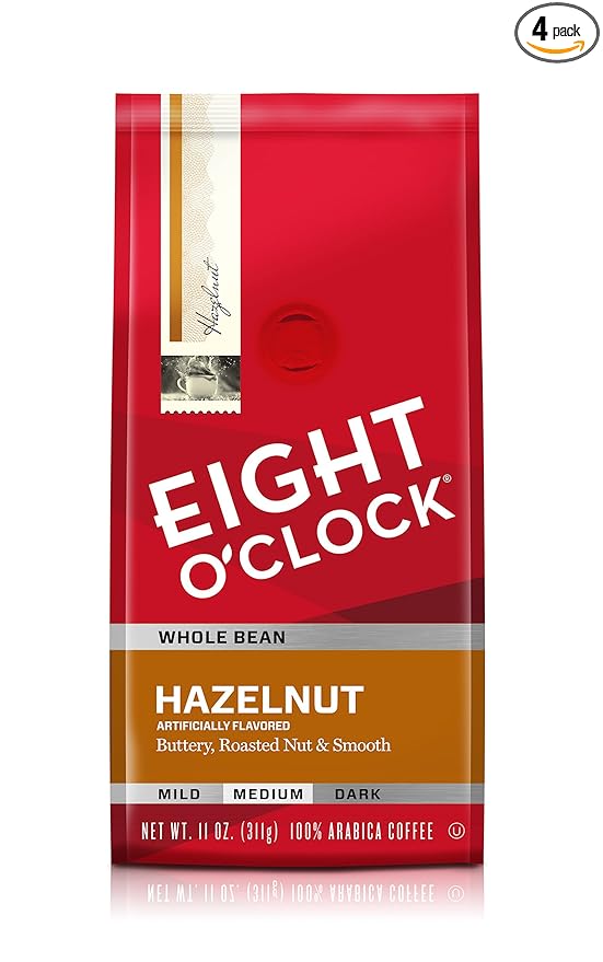 Eight O'Clock Coffee Hazelnut Whole Bean Coffee, Medium Roast, 11 Ounce (Pack of 4) - Buttery, Smooth & Nutty