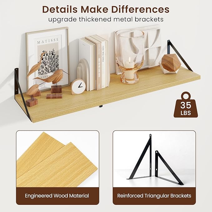 Axeman Deep Floating Shelves for Wall - 36 Inch Wide x 10 Inch Deep Floating Shelves Set of 2 -Oak Wide Wall Shelves for Living Room Bathroom Bedroom