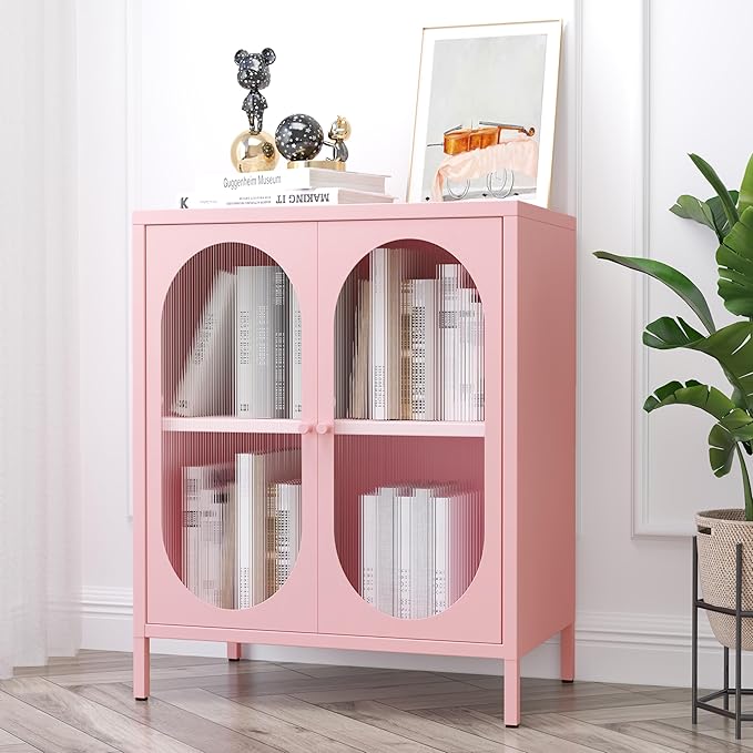 Small 2 Transparent Door Metal Storage Side Buffet Cabinet for Bed Room,Living Room,Entryway,Hallway,Home,Hotel,Office,Garage,Kitchen,1 Removable Shelf. (Transparent Door, Pink)