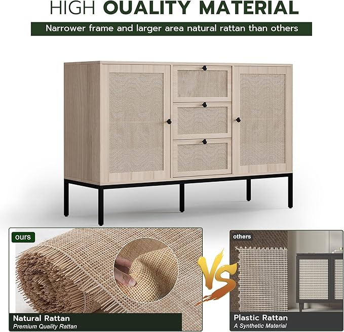 Rattan Sideboard Buffet Cabinet with 2 Doors & 3 Drawers, Mid Century Modern Credenza with Adjustable Shelves, Boho Storage Cabinet for Living Room, Hallway & Kitchen (Wood, 47 inch)