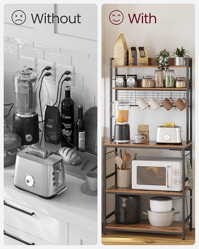 VASAGLE Bakers Rack with Power Outlet, Microwave Stand, Kitchen Tall Utility Storage Shelf, with Metal Wire Panel, 14 Hooks, 15.7 x 31.5 x 66.9 Inches, Rustic Brown and Ink Black UKKS025B01
