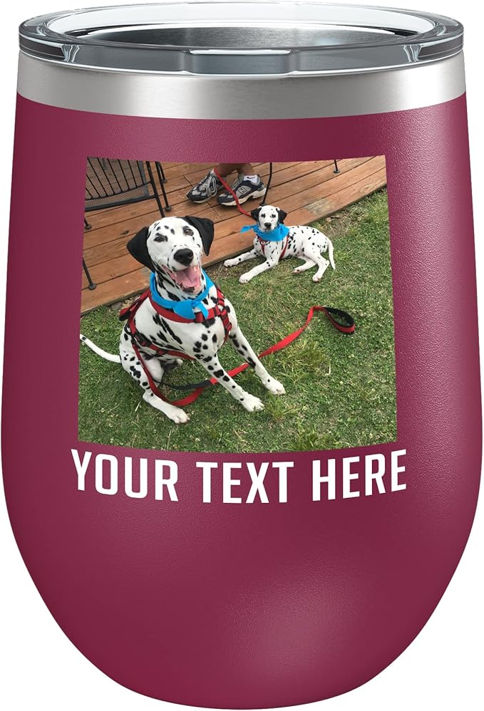 Personalized 12oz (17 Colors) Mother's Day Photo Printed Insulated Stainless Steel Powder Coated Stemless Wine Tumbler with Lid, Customized Gift Idea for Her, Custom Coach Gifts Team Mom Dad (Maroon)