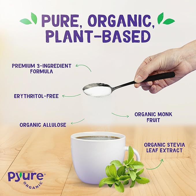 Pyure Organic Plant-Based Sweetener | 1:1 Sugar Replacement | Made with Allulose, Monk Fruit & Stevia | No Erythritol | Keto, Diabetic & Vegan Friendly | USDA Organic, Non-GMO | 9 oz