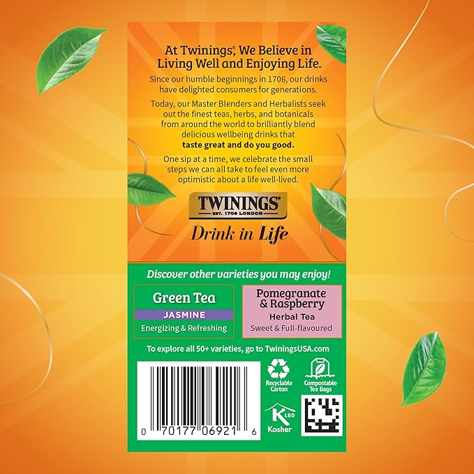 Twinings Green Tea with Pomegranate, Raspberry, & Strawberry Individually Wrapped Bags, 20 Count (Pack of 2), Caffeinated, Enjoy Hot or Iced, 20 Teabags