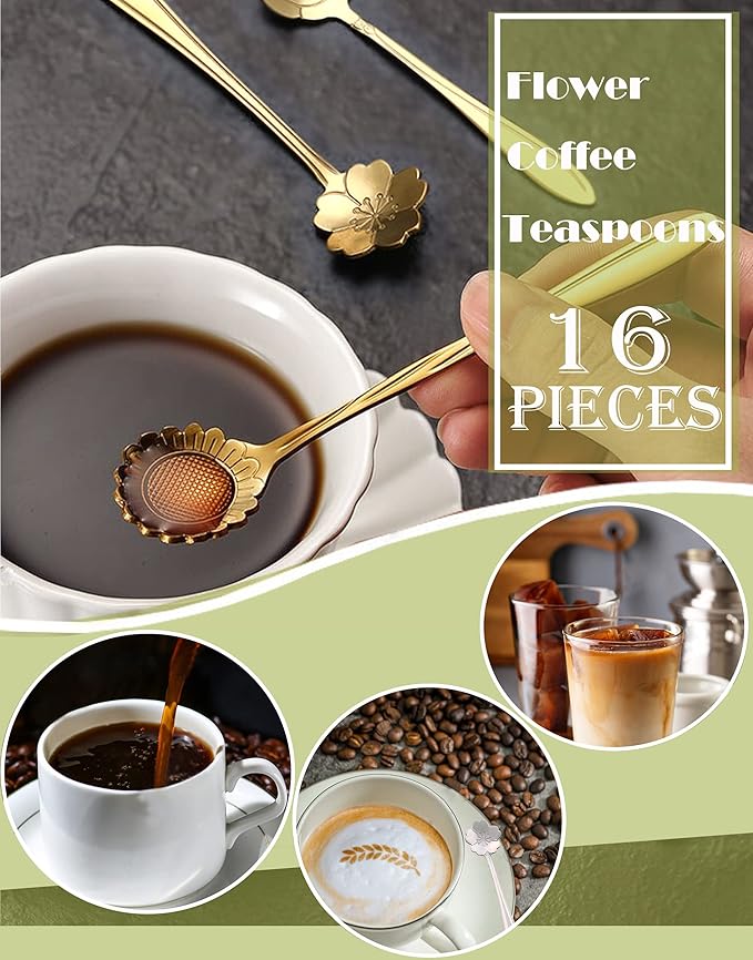 16 Pcs Teaspoon Tea Spoons, ESRISE Stainless Steel Cute Coffee Spoon for Tea Party Decorations (Gold)
