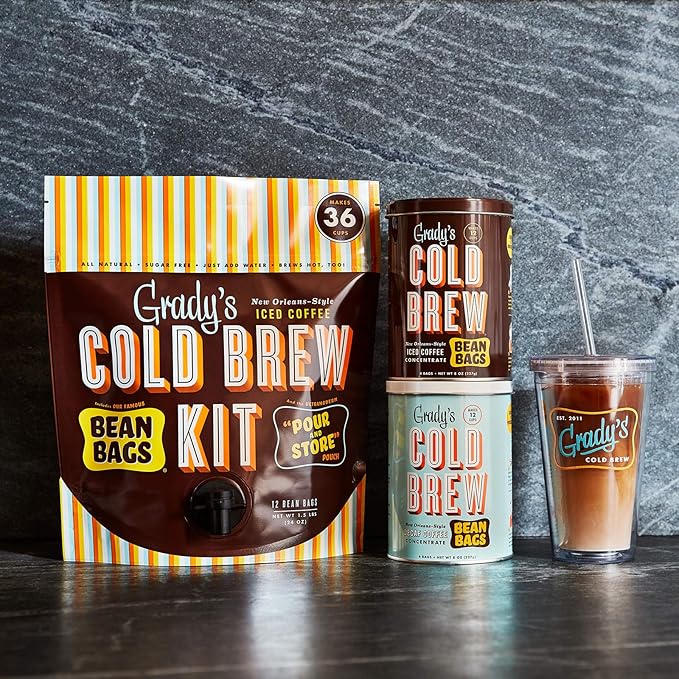 GRADY’S COLD BREW, New Orleans Style - DECAF, 100% Arabica Ground Coffee & Chicory Pouches, All-in-One Cold Brew Kit with 12 Easy-to-Brew Beans Bags, Makes 36 drinks