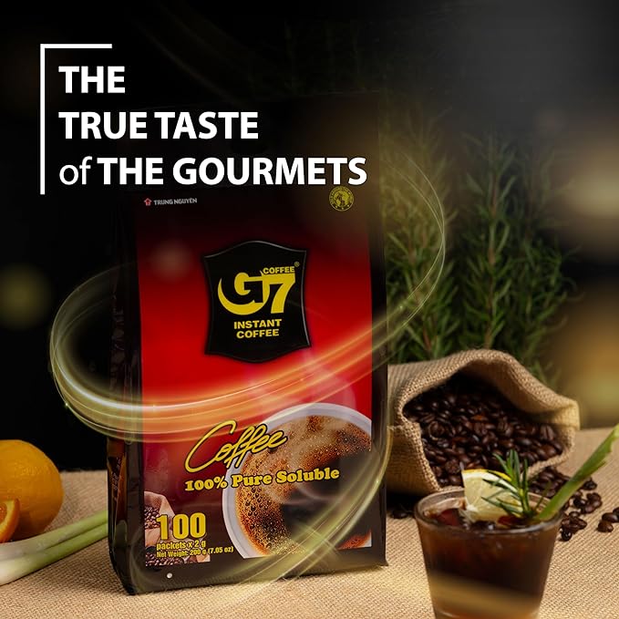 TRUNG NGUYEN G7 PURE BLACK Instant Coffee for Energy Boost - 100% Soluble Coffee Without Sugar - Strong, Pure & Rich Vietnamese Instant Energy - Original Taste for Connoiseurs (100 Sachets/Bag)