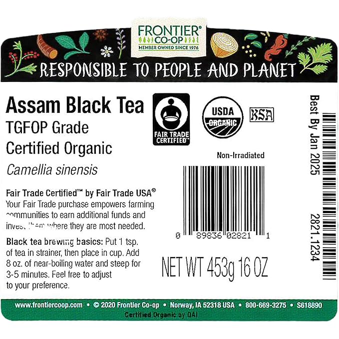 Frontier Herb Organic Assam Tea Tippy Golden FOP Certified Fair Trade, Non Irradiated, Non GMO, 16 Ounce (Pack Of 1)