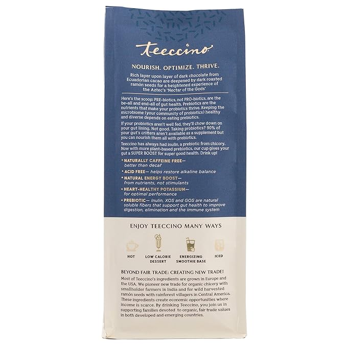 Teeccino Dark Chocolate Prebiotic SuperBoost™ Coffee Alternative - Support Probiotics with Caffeine-Free Herbal Coffee Featuring 3 Vegan Prebiotics for Gut Health, 10 Ounce, Pack of 6