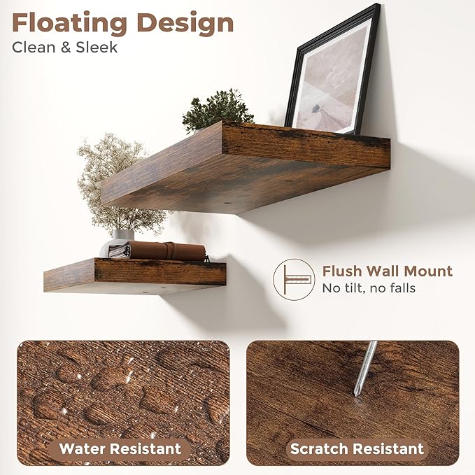48 Inch Long Floating Shelves for Wall 2 Pack, 12"D Wood Grain Bathroom Shelves with Invisible Brackets, Easy Install Engineered Wood Storage Shelves for Kitchen, Living Room, Bedroom, Rustic Brown