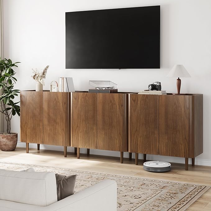 Buffet Cabinet with Storage, Storage Cabinet with Curved Edge, Accent Sideboard Buffet with Solid Wood Feet, for Hallway, Entryway, Living Room, Walnut