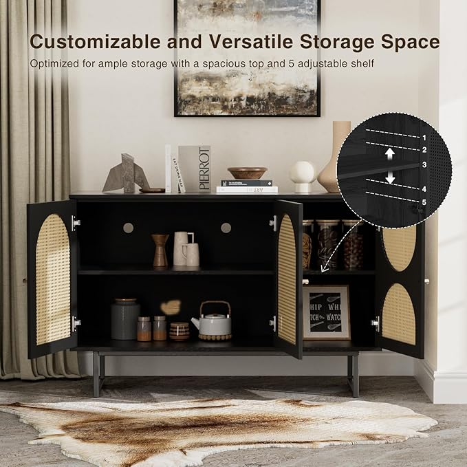 Vabches Sideboard Buffet Cabinet with Rattan Doors, 3 Doors Accent Sideboard, Coffee Bar Cabinet with Metal Legs for Living Room, Hallway, Entryway Natural (Black, 3 Doors)