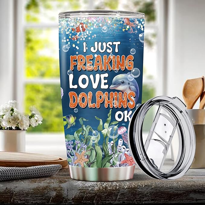 Dolphin Tumbler 20oz Cute Animal Gift for Women, Girls Who Freaking Love Dolphins Lovers Perfect Birthday Christmas Valentine Wife Daughter Mother Insulated Stainless Steel Coffee Cup with Lid