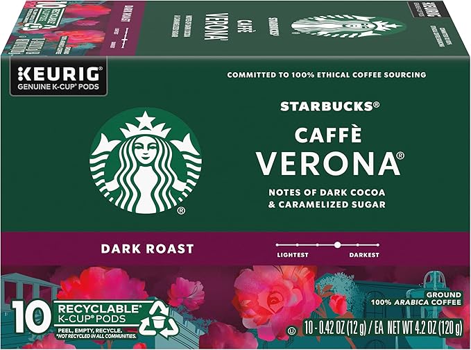 Starbucks Coffee K-Cup Pods, Caffè Verona, Dark Roast Coffee with Notes of Dark Cocoa & Caramelized Sugar, Keurig Genuine K-Cup Pods, 10 CT K-Cups/Box (Pack of 3 Boxes)