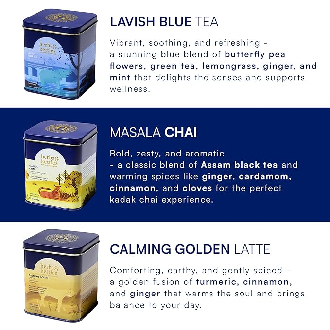 Herbs & Kettles Tea Gift Combo Set - Masala Chai, Calming Golden Latte & Lavish Blue Tea - Premium Loose Leaf Tea Collection - Relaxing, Energizing, and Refreshing Tea Variety Pack (3 Pack)