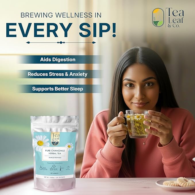 Tealeaf & Co. Pure Chamomile Herbal Tea - Organic Chamomile Tea Bags Blended with Fresh Herbs - Contains Low Caffeine - Gluten Free - 100 Teabags (7.055oz/200gm)