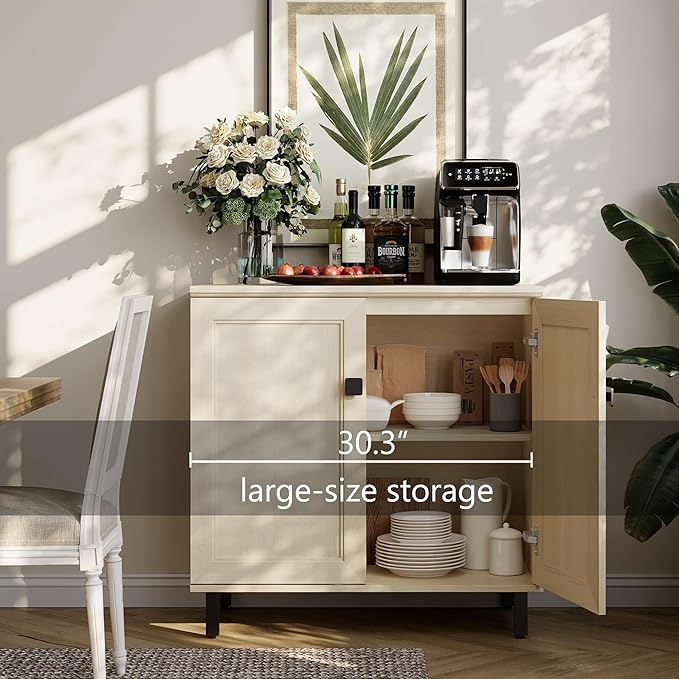 Multifunctional Buffet Sideboard Cabinet Farmhouse Modern Storage Cabinet with Adjustable Shelves for Kitchen, Coffee Bar, Living Room, Beige