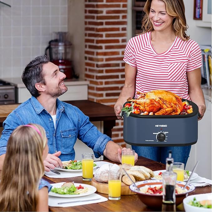 24QT Electric Roaster Oven, Electric Turkey Roaster with Viewing & Self-basting Lid, Stainless Steel Turkey Roaster Oven, Blue