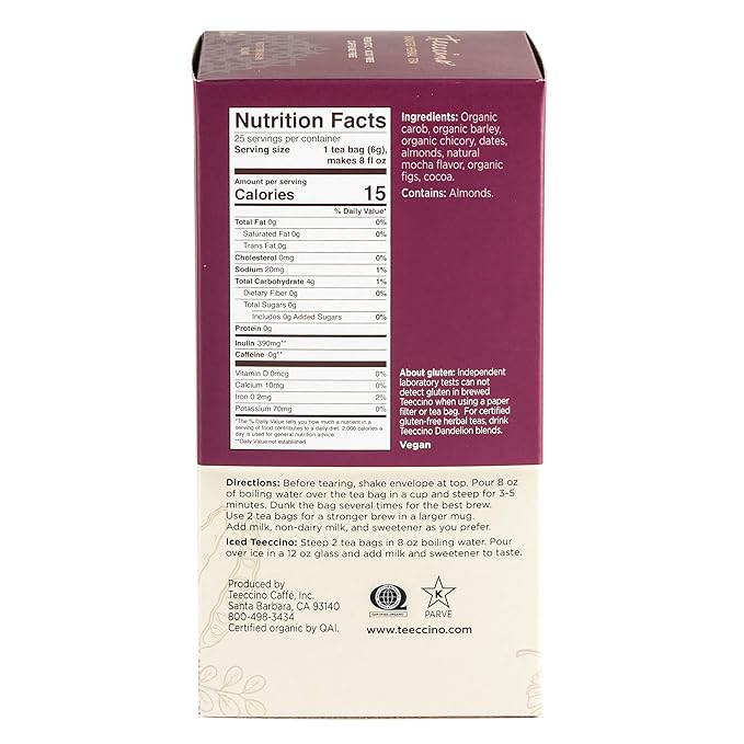 Teeccino Mocha Herbal Tea - Rich & Roasted Herbal Tea That’s Caffeine Free & Prebiotic for Natural Energy, 25 Tea Bags