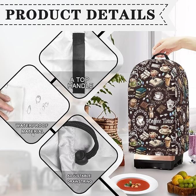 Book Coffee Time Blender Cover Kitchen Coffee Maker Cover Dust Protection Home Decor for Blender Food Processor Easy to Install Kitchen Appliance Cloth Cover