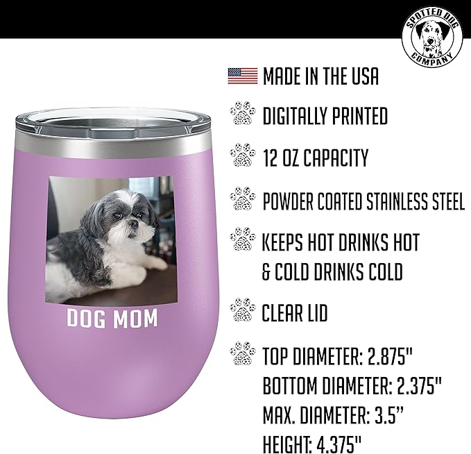 Personalized Mothers Day 12oz Photo Printed Insulated Stainless Steel Powder Coated Stemless Wine Tumbler with Lid, Customized Mum Gift Idea for Her, Custom Mom Team (Light Purple)