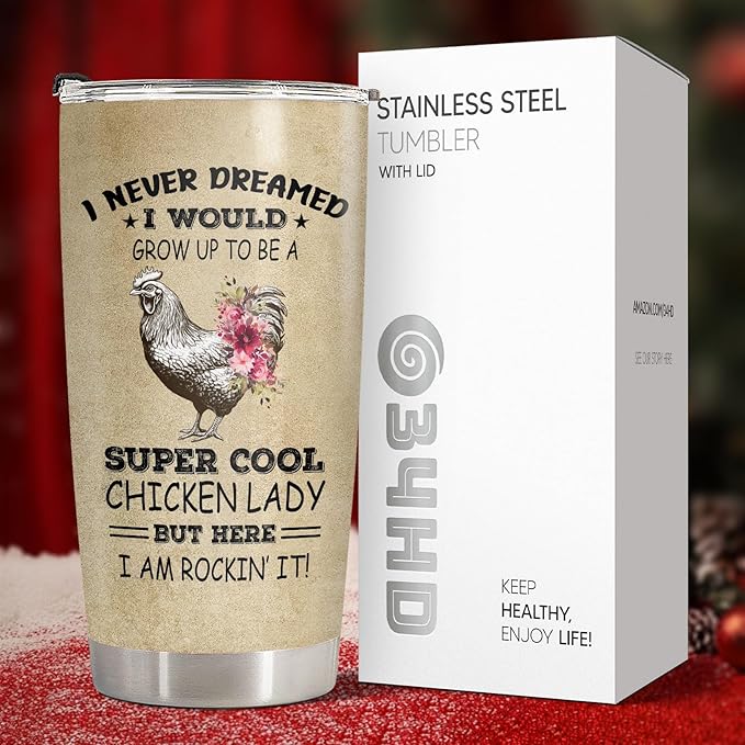 34HD Chicken Mom Tumbler with Lid, 20oz Stainless Steel Vacuum Insulated Farm Animal Mug, Chickens Farmer Gifts for Women, Chicken Gifts for Birthday Mothers Day