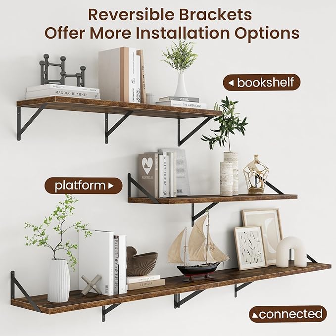 Axeman Deep Floating Shelves - 40 Inch Floating Shelves Set of 2-12 Inch Deep Brown Wood Wall Shelves for Living Room Bathroom Kitchen