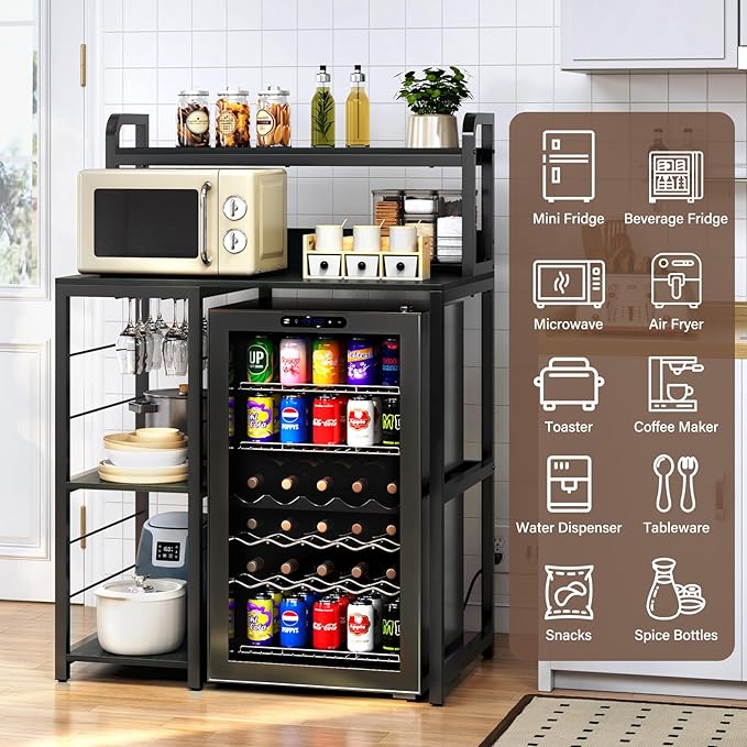 TC-HOMENY Mini Fridge Stand with Storage, 4-Tier Coffee Bar with Mini Fridge Space, Bakers Rack with Outlet, Mini Fridge and Microwave Stand, Mini fridge shelf for Kitchen, Dorm, Office, Black